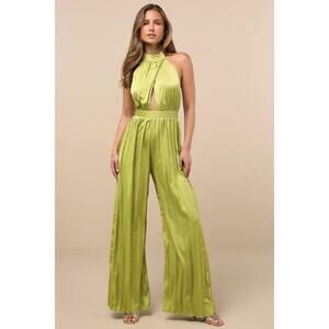 Lulus Confident Impression Lime Green Satin Pleated Halter Jumpsuit - Size M